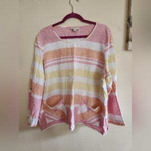 Appleseeds Striped Linen Blend Top XL Pink Orange Yellow White EUC